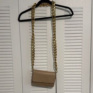 Small Taupe Crossbody Bag with Gold Chain Strap